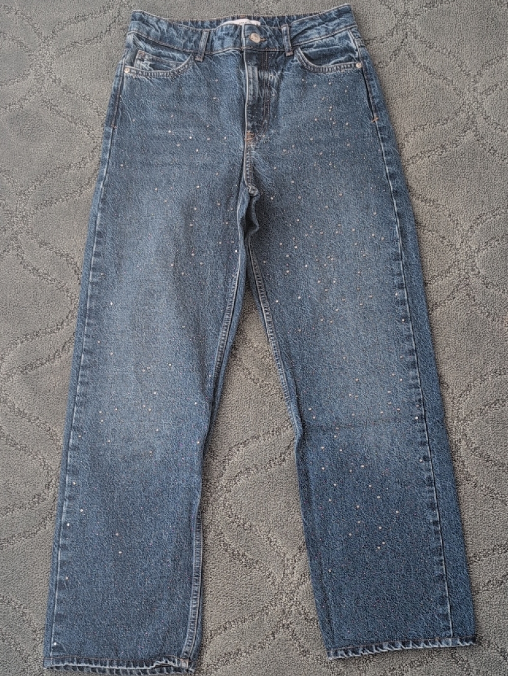 Zara Blue Straight-Leg Jeans with Rhinestone Speckle